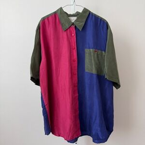 Fitting Image sz 24 Vintage 100% Silk Colorblock Button Shirt 80s Streetwear